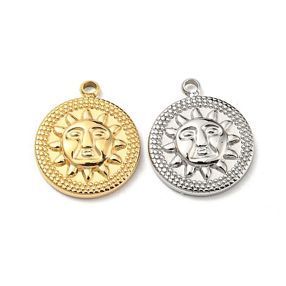304 Stainless Steel Pendants, Flat Round with Sun Charm