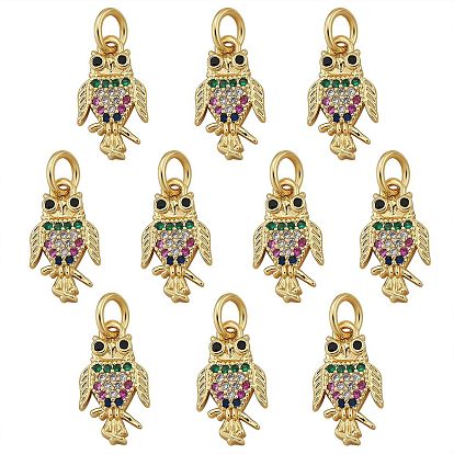 10 colgantes de zirconia cúbica micro pavé de latón chapado en rack, con anillo de salto, sin plomo y cadmio, búho