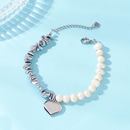 304 шарм браслеты из нержавеющей стали сердце, Браслеты из натурального жемчуга и самородков драгоценных камней для женщин, цвет нержавеющей стали