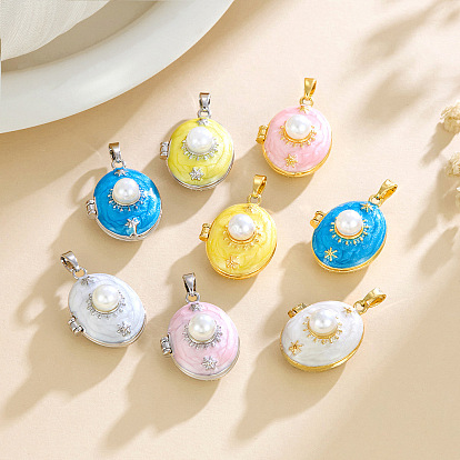 Подвески-медальоны из пластика с имитацией жемчуга, с фурнитурой латунной эмалевой, овальные