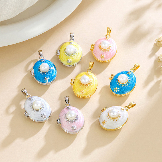 Подвески-медальоны из пластика с имитацией жемчуга, с фурнитурой латунной эмалевой, овальные