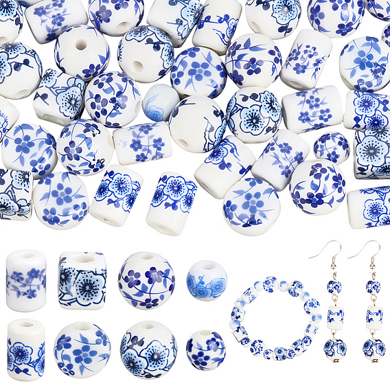72Pcs 8 Styles Handmade Porcelain Beads, Blue and White Porcelain