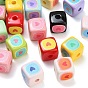 Opaque Printed Acrylic European Beads, Large Hole Beads, Cube with Heart Pattern