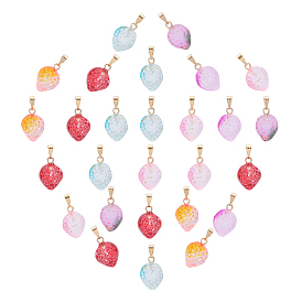 60Pcs 6 Colors Two Tone Transparent Spray Painted Glass Pendants, with Golden Plated Iron Bails and Gold Foil, Strawberry