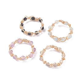 Round Natural Stone Braided Bead Finger Ring, Copper Wire Wrap Jewelry for Women, Golden