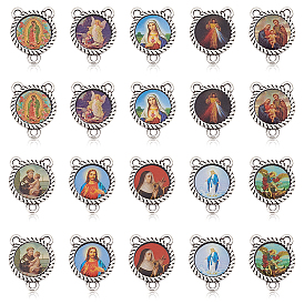 40шт 10 цвета сплав эмаль люстра компонент ссылки, 3 Разъемы петли, для изготовления ожерелья из четок, плоский круглый с религией человека