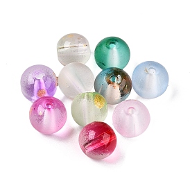 Frosted Baking Painted Glass Beads, with Golden Glitter Powder, Round