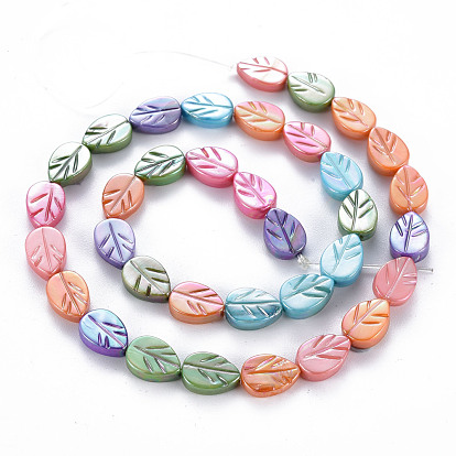 Electroplated Natural Freshwater Shell Beads Strands, Dyed, Leaf