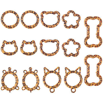 14Pcs 7 Styles Alloy Spring Gate Rings, Leopard Print, Mixed Shapes