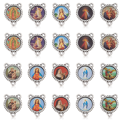 40шт 10 цвета сплав эмаль люстра компонент ссылки, 3 Разъемы петли, для изготовления ожерелья из четок, плоский круглый с религией человека