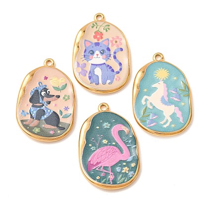 Pendentifs imprimés en acier inoxydable émaillé, charmes ovales, or