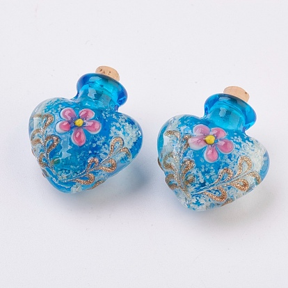 Handmade Luminous Lampwork  Perfume Bottle Pendants, Essential Oil Bottle, with Gold Sand, Heart with Flower