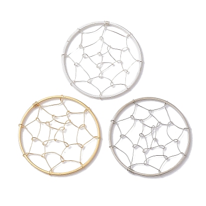 3Pcs 3 Colors Copper Wired Pendants, Flat Round with Spider Web