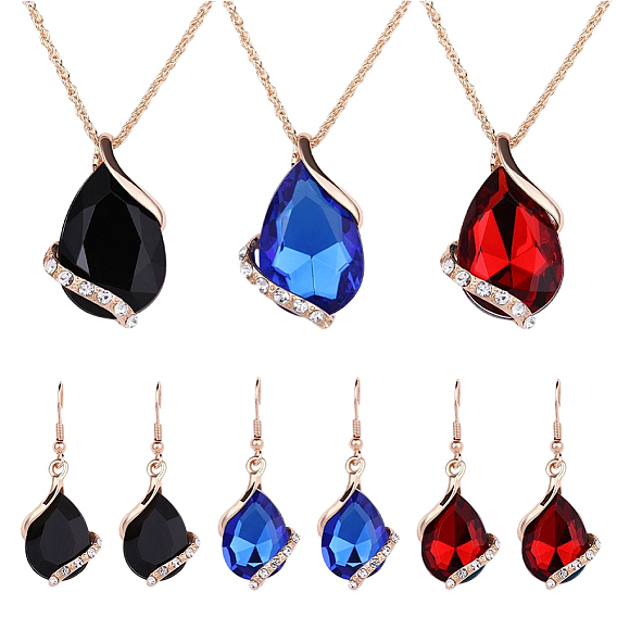 3 комплекты 3 цветные комплекты украшений из сплава стекла в форме капли. В комплект входят ожерелье с подвеской и серьги-подвески