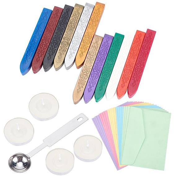 DIY Wachs Siegel Stempel Kits, inklusive Siegellackstifte, Kerze, Edelstahllöffel, farbige leere Mini-Papierumschläge