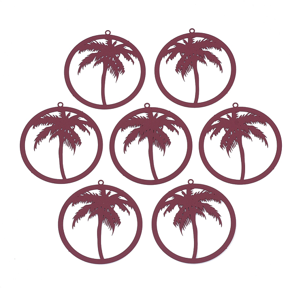 430 Stainless Steel Filigree Pendants, Spray Painted, Etched Metal Embellishments, Ring with Coconut Tree