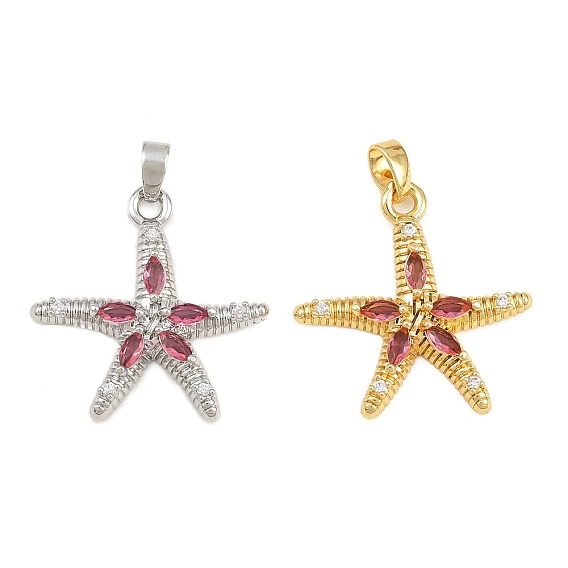 Brass Micro Pave Cerise Cubic Zirconia Pendants, Starfish Charms