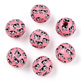 Printed Schima Wooden Beads, Round with Cow Pattern