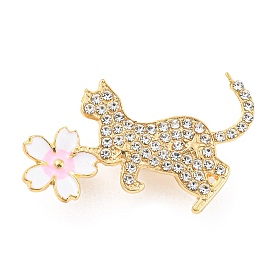 Alloy Rhinestone Brooches, Cat with Sakura Enamel Pins for Women