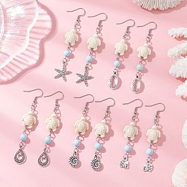 Женские серьги-подвески в морском стиле с синтетической бирюзой и натуральным говлитом, с 304 крючками для сережек из нержавеющей стали и подвесками из сплава