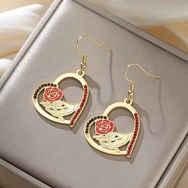 304 Stainless Steel Enamel Dangle Earrings for Women, Heart, with Rhinestone