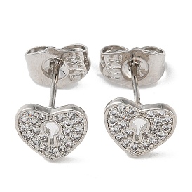 Brass Rhinestone Stud Earrings, Heart Lock