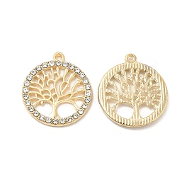 Alloy Crystal Rhinestone Pendants, Flat Round Charms with Tree, Nickel