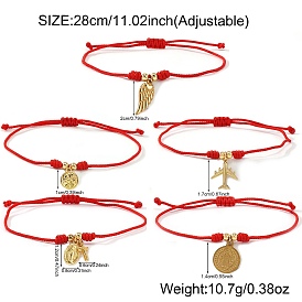 304 Stainless Steel Charm Bracelets, Braided Nylon Cord Bracelets for Women, with Brass Beads, Gold