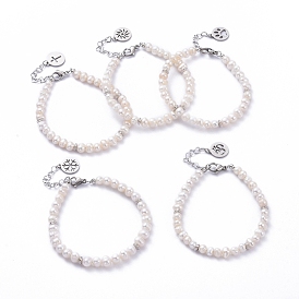 Natural Cultured Freshwater Pearl Beaded Bracelets, with Brass Beads, 304 Stainless Steel Flat Round Charms and Lobster Claw Clasps