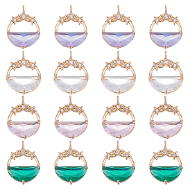 16 шт 4 цвета стеклянные подвески, с латунными микро проложить кубических выводы циркония, граненые, плоские круглые со звездой, золотой свет