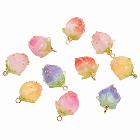 10Pcs 5 Colors Handmade Flower Pendants, with Brass Peg Bails and Glass Micro Beads, Bud, Golden