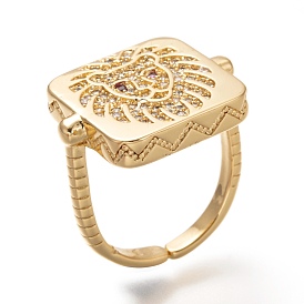 Brass Micro Pave Cubic Zirconia Cuff Rings, Open Rings, Square with Lion, Textured, Cadmium Free & Lead Free