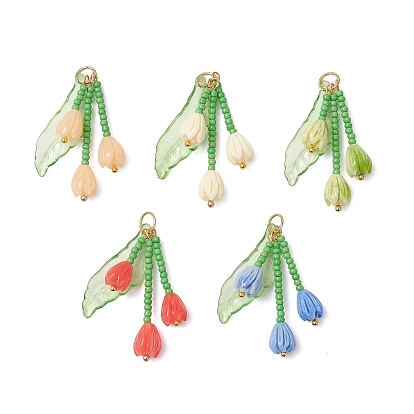 Подвески из стеклянных бусин в виде цветка магнолии, с акрилом и смолой и 304 открытыми соединительными кольцами из нержавеющей стали