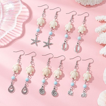 Женские серьги-подвески в морском стиле с синтетической бирюзой и натуральным говлитом, с 304 крючками для сережек из нержавеющей стали и подвесками из сплава