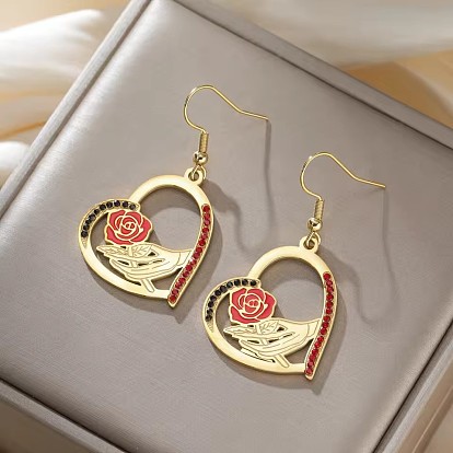 304 Stainless Steel Enamel Dangle Earrings for Women, Heart, with Rhinestone