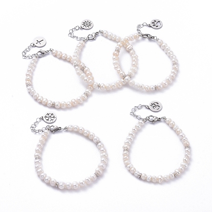 Natural Cultured Freshwater Pearl Beaded Bracelets, with Brass Beads, 304 Stainless Steel Flat Round Charms and Lobster Claw Clasps