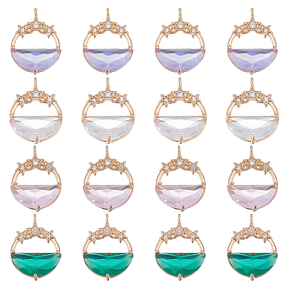 16 шт 4 цвета стеклянные подвески, с латунными микро проложить кубических выводы циркония, граненые, плоские круглые со звездой, золотой свет