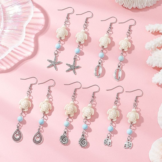 Женские серьги-подвески в морском стиле с синтетической бирюзой и натуральным говлитом, с 304 крючками для сережек из нержавеющей стали и подвесками из сплава