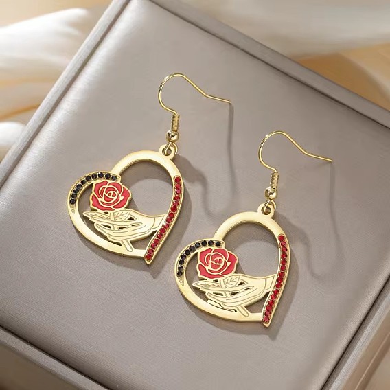 Boucles d'oreilles pendantes en acier inoxydable émaillé pour femmes, cœur, avec strass