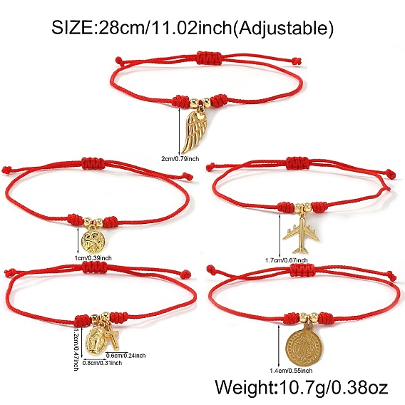 304 Stainless Steel Charm Bracelets, Braided Nylon Cord Bracelets for Women, with Brass Beads, Gold