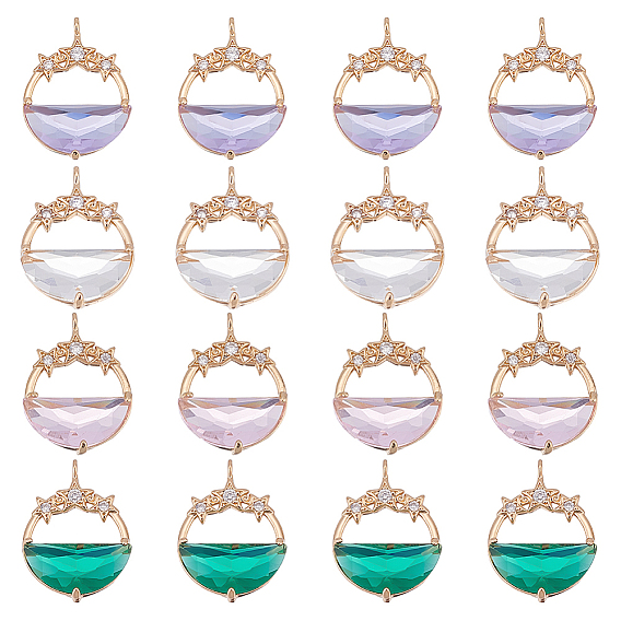 16 шт 4 цвета стеклянные подвески, с латунными микро проложить кубических выводы циркония, граненые, плоские круглые со звездой, золотой свет
