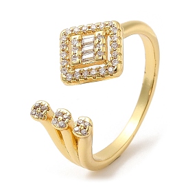 Rack Plating Brass Rhombus Open Cuff Rings with Cubic Zirconia, Lead Free & Cadmium Free
