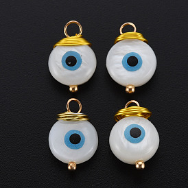 Freshwater Shell Pendants, with Golden Brass Findings, Flat Round with Evil Eye