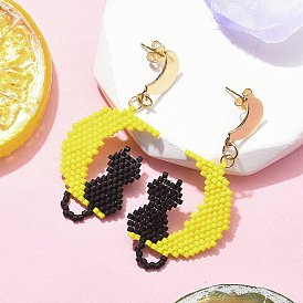 Стеклянные бусины висят серьги, с 304 гайками-ушками из нержавеющей стали и 304 соединительными кольцами из нержавеющей стали, с нейлоновой проволокой, луна в форме кошки