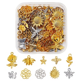 50Pcs 10 Style Alloy Pendants, Tibetan Style, Bee & Rose & Sunflower & Butterfly