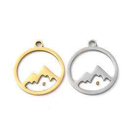 201 Stainless Steel Pendants, Flat Round with Mountain Charm