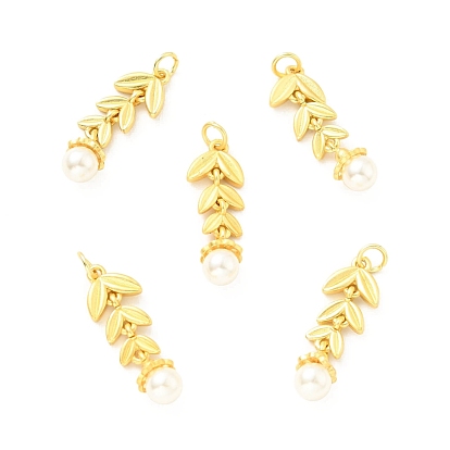 ABS Plastic Imitation Pearl Pendants, with Brass Findings and Jump Rings, Cadmium Free & Lead Free, Leaf & Round