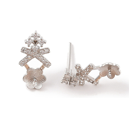 925 Sterling Silver Micro Pave Cubic Zirconia Earring Settings Findings, for Half Drilled Beads, Bows & Flowers