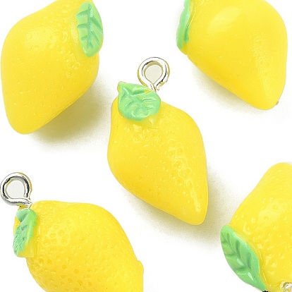 Opaque Resin Pendants, Lemon Charms, Imitation Food, with Platinum Tone Iron Loops