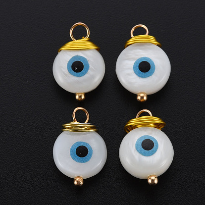 Freshwater Shell Pendants, with Golden Brass Findings, Flat Round with Evil Eye